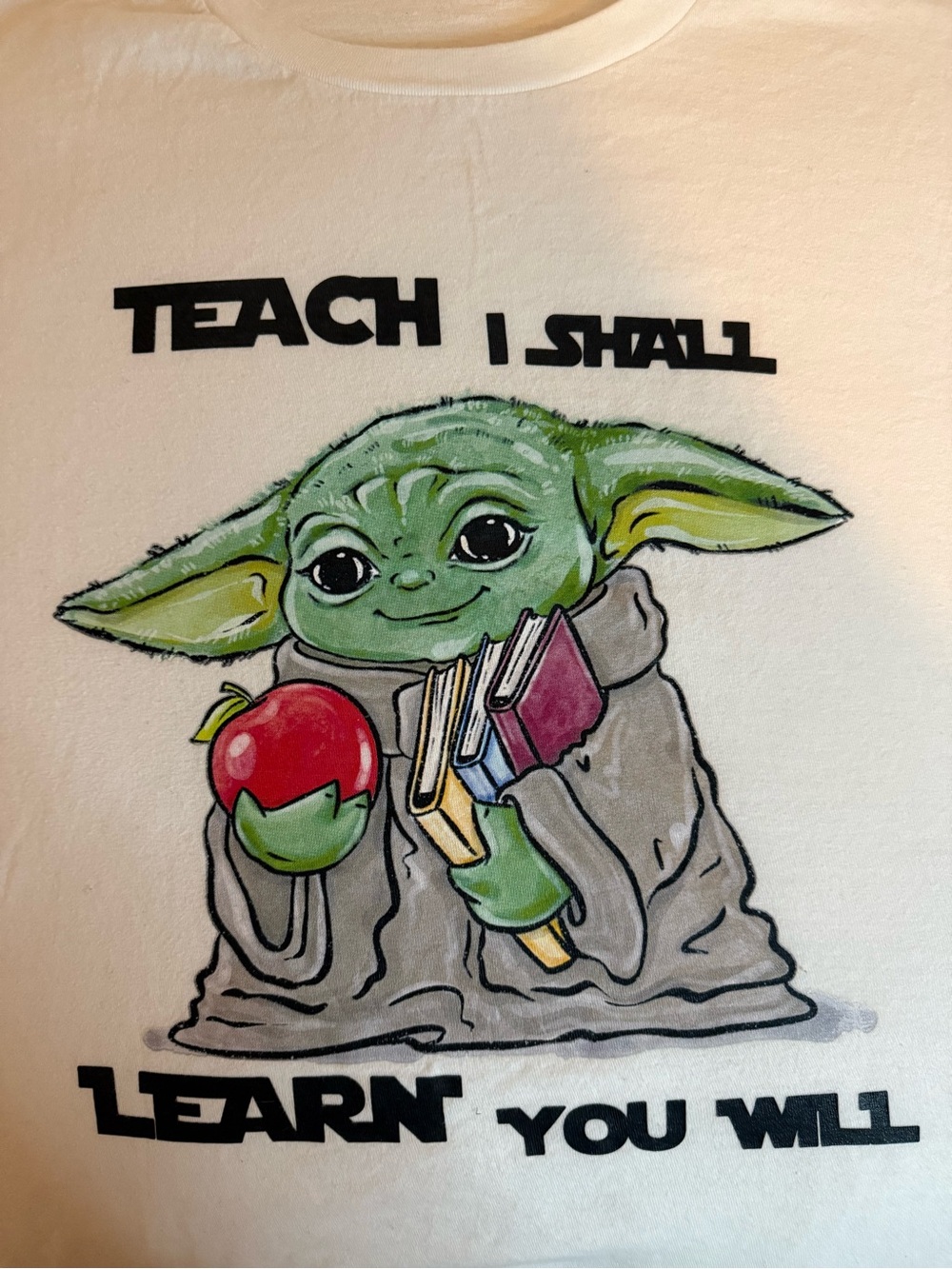 Tultex White Tee with Green Baby Yoda Graphic and Red Apple